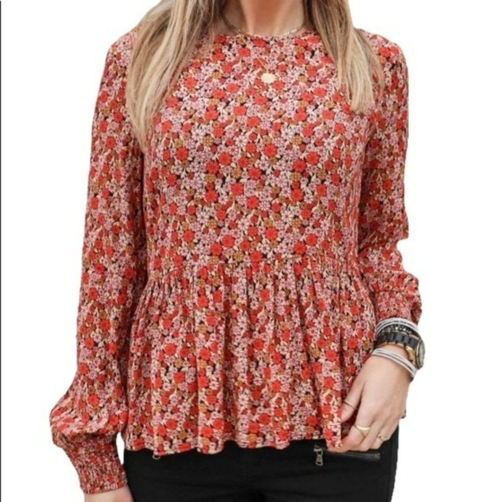 Retro Liberty Floral Daisy Long Sleeve Smocked Peplum Blouse
